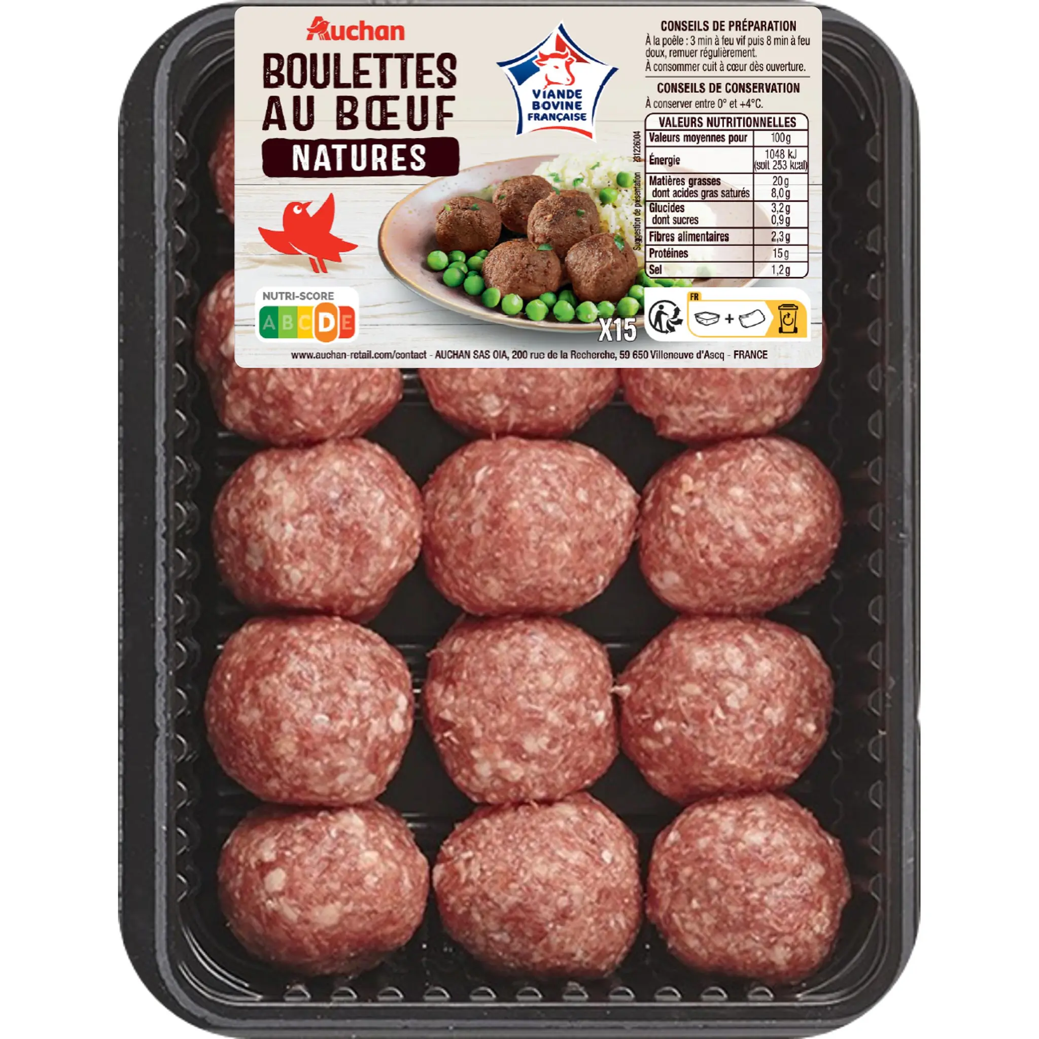 AUCHAN Boulettes au bœuf natures