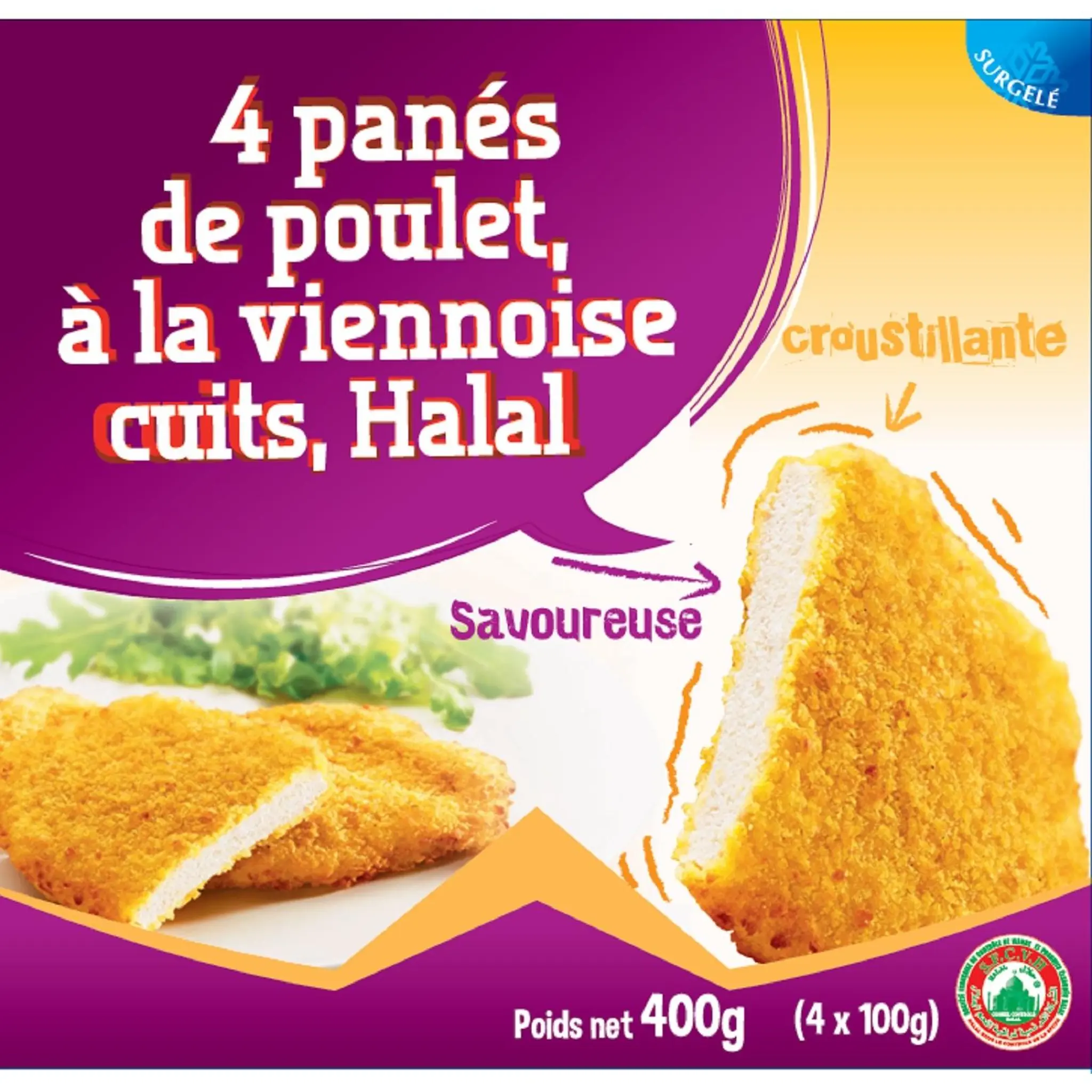 Panés de poulet halal à la viennoise frits cuits surgelés