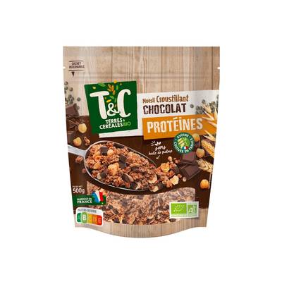 Terres et Céréales Bio Céréales muesli croustillant protéiné chocolat sans huile de palme Bio, 500g