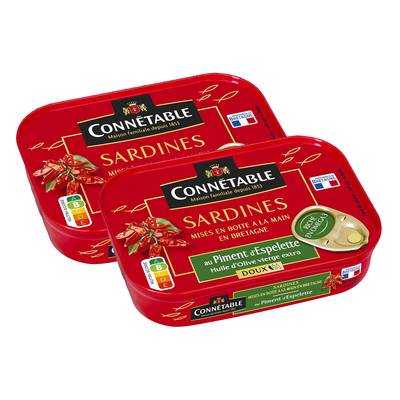 Connetable Sardines à l'Huile d'Olive Vierge Extra et piment d'Espelette Doux en conserve, Lot de 2x135g