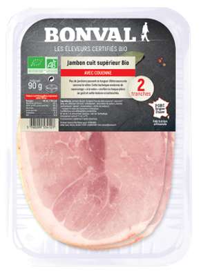 Jambon cuit supérieur avec couenne BIO, Bonval (2 tranches, 90 g)
