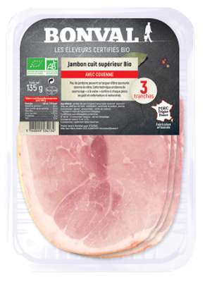 Jambon cuit supérieur avec couenne BIO, Bonval (3 tranches, 135 g)