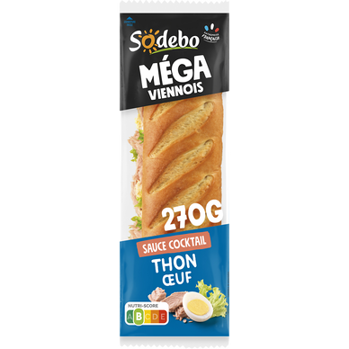 Sandwich le Méga baguette, thon, salade, oeufs et tomates, saucecocktail SODEBO, 270g