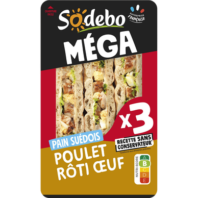 Sandwich le Méga Club suédois, poulet rôti et oeufs SODEBO, 230g