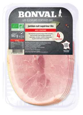 Jambon cuit supérieur avec couenne BIO, Bonval (4 tranches, 180 g)