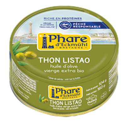 Thon listao à l'huile d'olive vierge extra, en boite 1/5 BIO, en boite 1/5, Phare d'Eckmuhl (160 g)