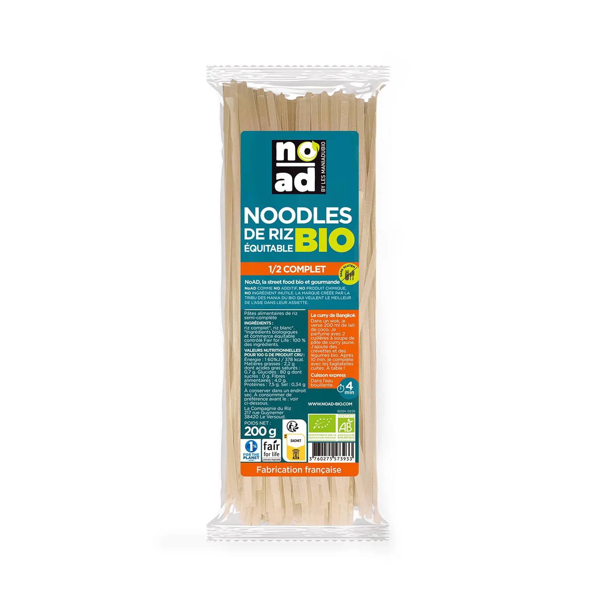 NOAD Véritables Noodles thaïes de riz semi-complet bio cuisson rapide 4min