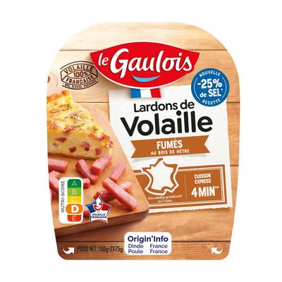 Le Gaulois Lardons de Volaille Fumés -25% de Sel, 2x75g
