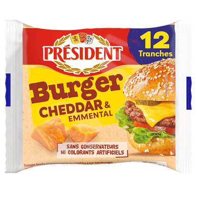 Fromage fondu burger Emmental Cheddar  PRESIDENT x12 - 200g