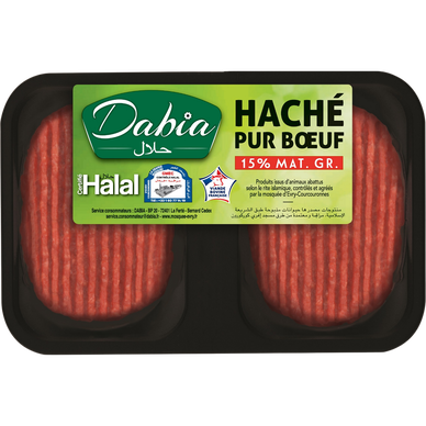 Steak haché pur boeuf, Halal, 15% MAT.GR, DABIA, France, 2 pièces, barquette, 250g