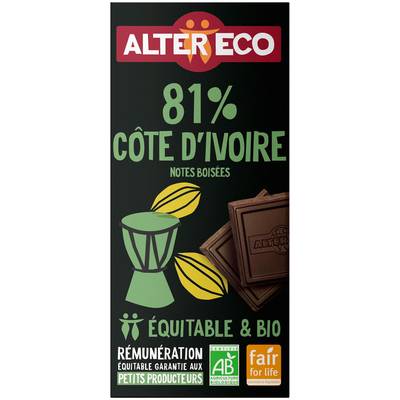 Alter Eco - Commerce Equitable Chocolat Noir 81% Cacao Bio, 100g