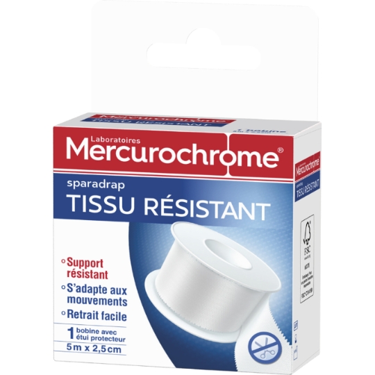 Sparadrap Tissu Résistant Bobine avec Étui Protecteur 5 m x 2,5 cm MERCUROCHROME