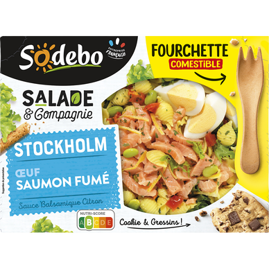Salade de pâtes, oeuf, tartare de saumon fumé, salade et tomates + 1cookie SODEBO, 320g