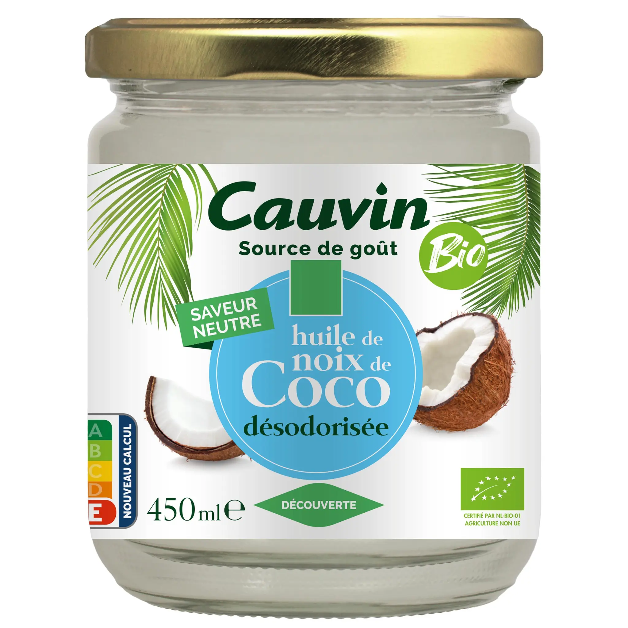 CAUVIN Huile de noix de coco désodorisée bio en bocal