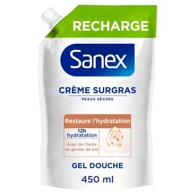 Sanex Crème de douche Peaux Sèches Hydratante Eco Pack Derma Care Surgras, 450ml