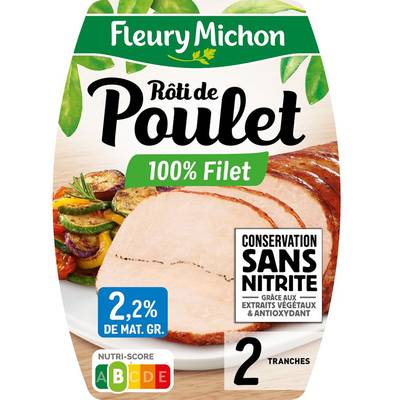 Fleury Michon Rôti de Poulet 100 % Filet Conservation Sans Nitrites, 2 tranches -90g