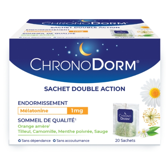 Complément alimentaire Sommeil Mélatonine et Plantes Tilleul Orange amère Camomille Menthe poivrée Sauge CHRONODORM