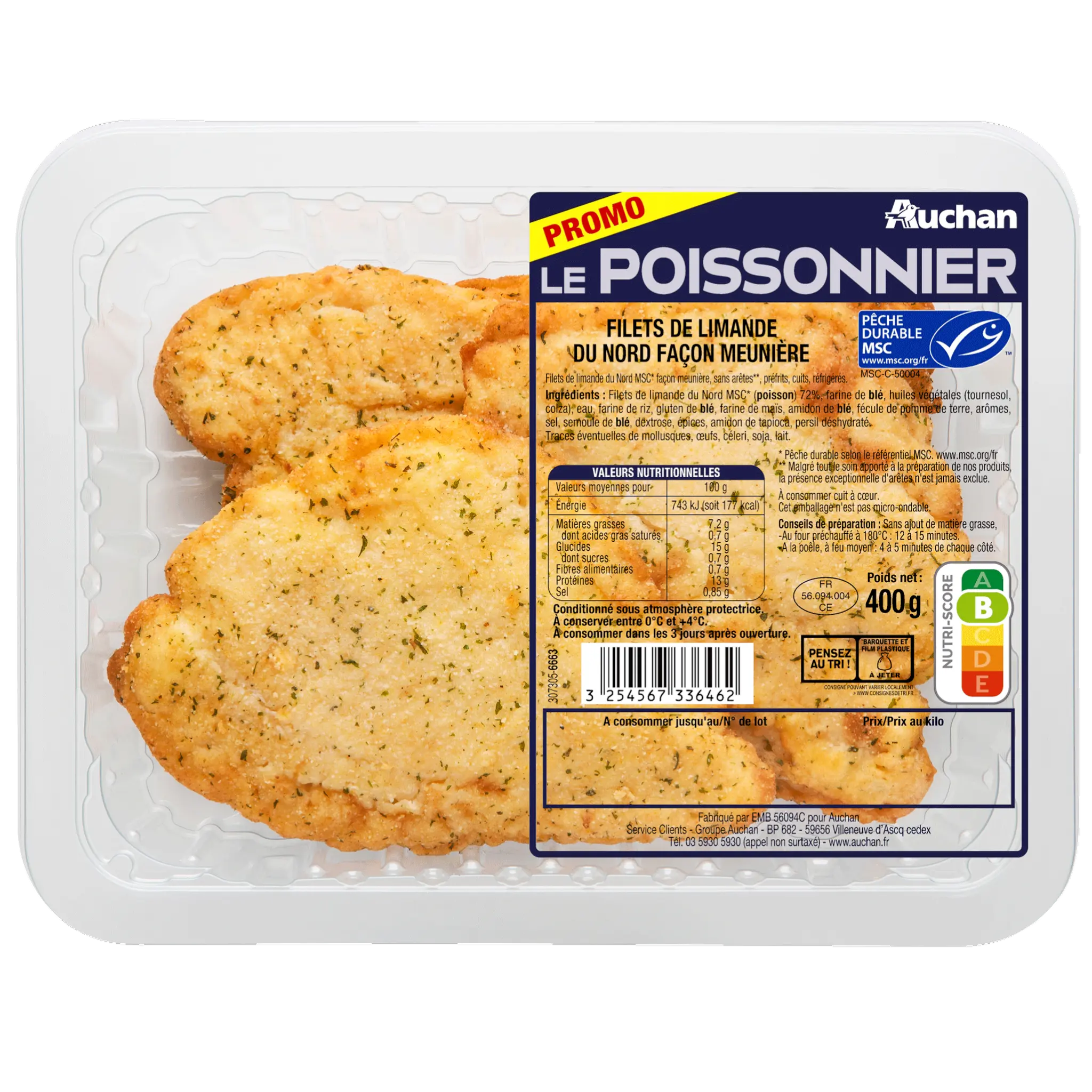 AUCHAN LE POISSONNIER Filets de limande du Nord façon meunière