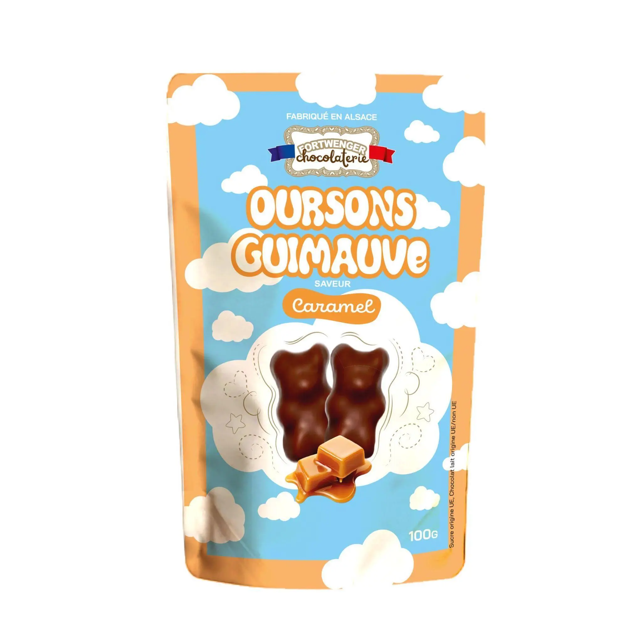 FORTWENGER Mini oursons guimauve saveur caramel enrobés de chocolat au lait