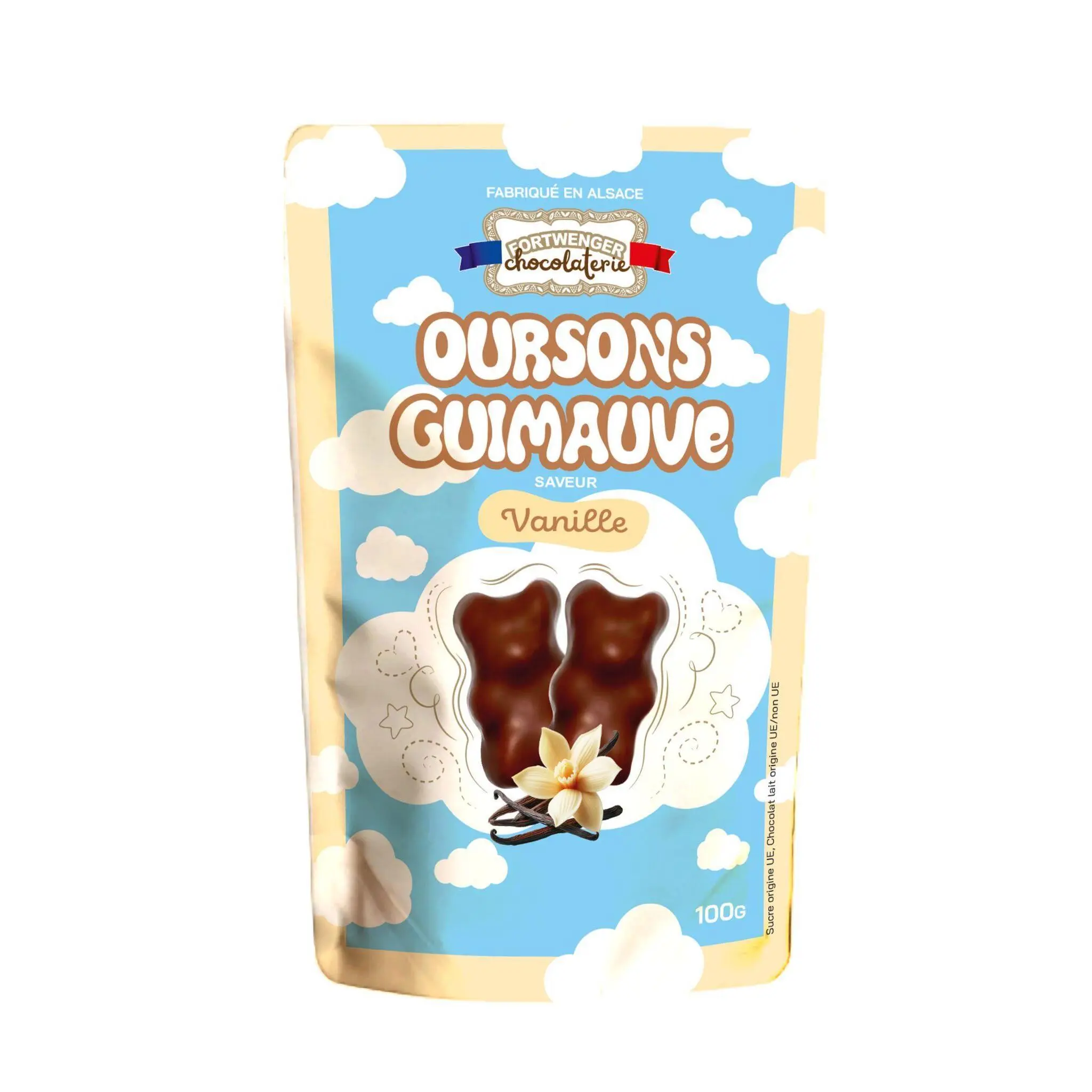 FORTWENGER Mini oursons guimauve saveur vanille enrobés de chocolat au lait