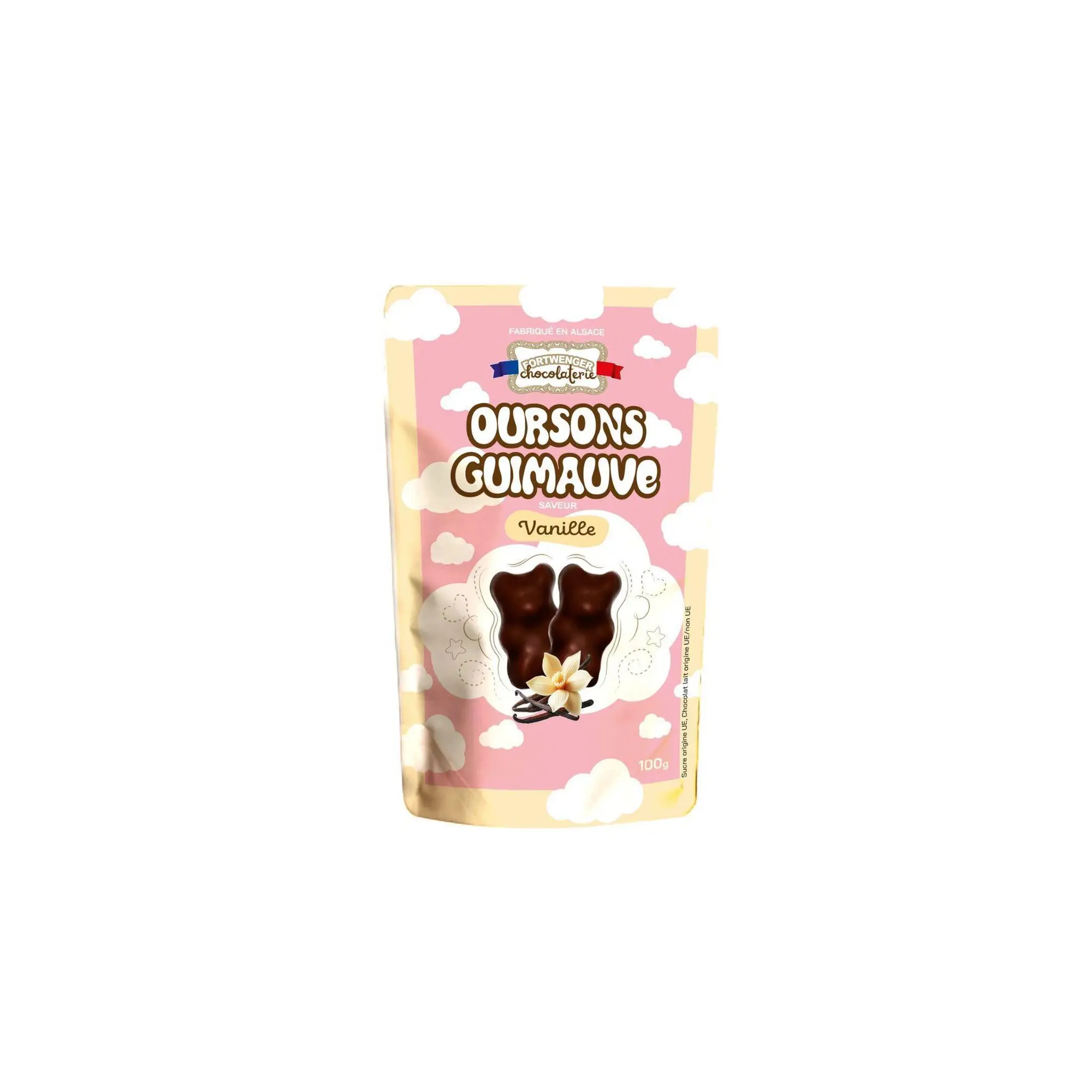 FORTWENGER Mini guimauves oursons saveur vanille enrobés de chocolat noir