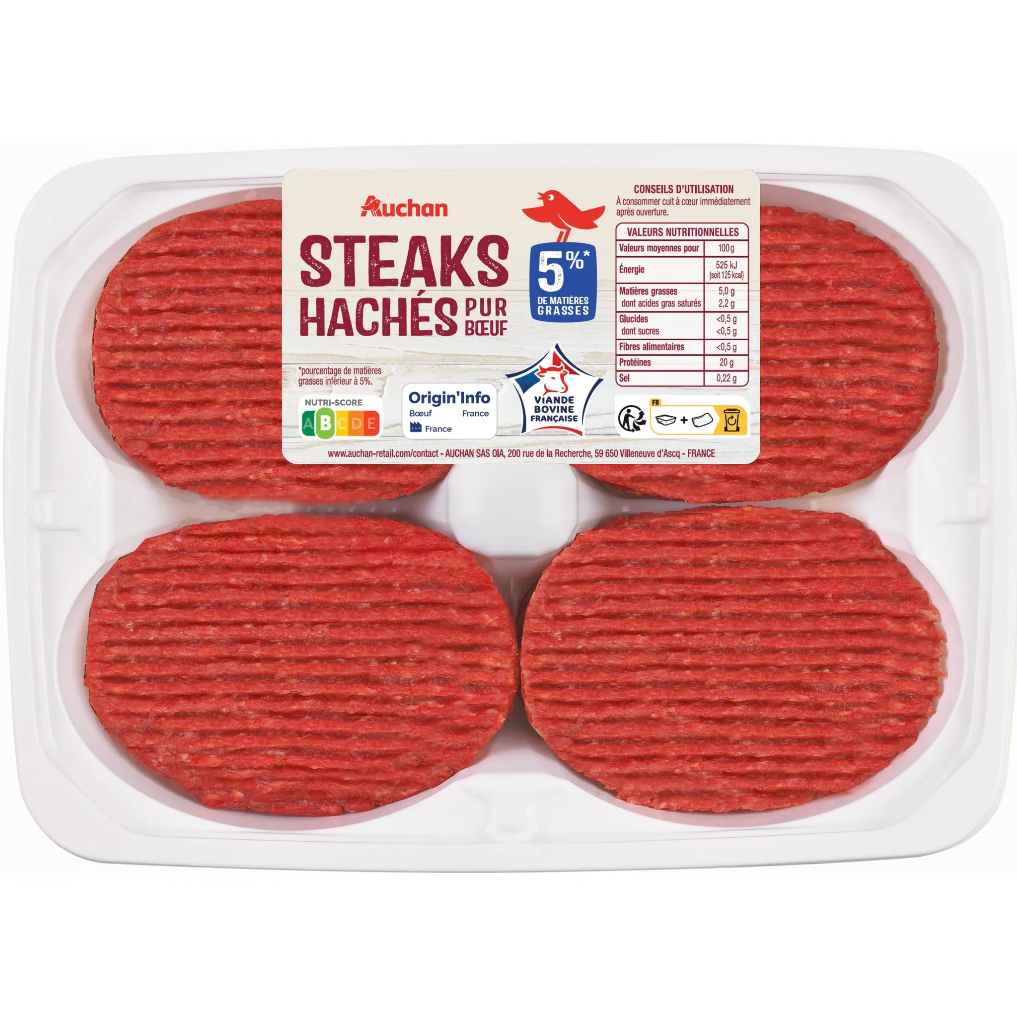 AUCHAN Steak haché pur boeuf 5%mg
