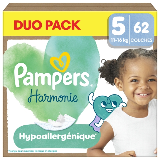 Couches Harmonie Taille 5 (11-16kg) Hypoallergénique PAMPERS