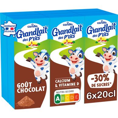 Boisson lactée Chocolat enfant CANDIA GRANDLAIT DES P'TITS - Brique 6x20cl