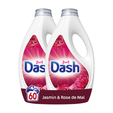 Lessive DASH 2 en 1 détergent jasmin et rose de mai 60 lavages 2x1,35l