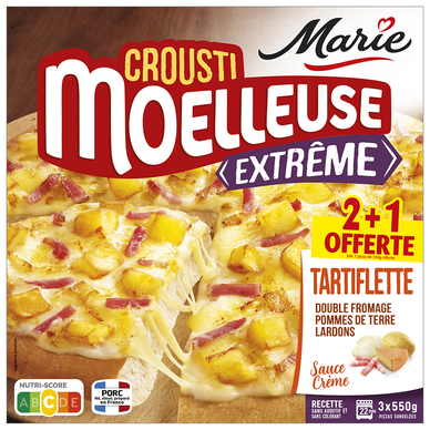 Pizza croustillant moelleuse tartiflette à la mozzarella sauce crème pommes de terre, lardons cuits fumés et reblochon MARIE, 2 x 550g +1 offerte