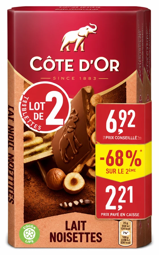 Côte d'Or Tablette chocolat au lait et noisettes lot de 2
