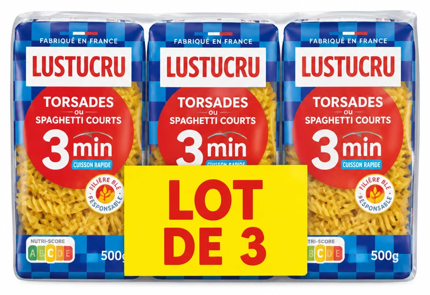 Lustucru Torsades ou Spaghetti Courts 3 Min, lot de 3