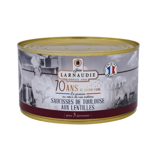 Plat cuisiné saucisses de Toulouse aux lentilles JEAN LARNAUDIE