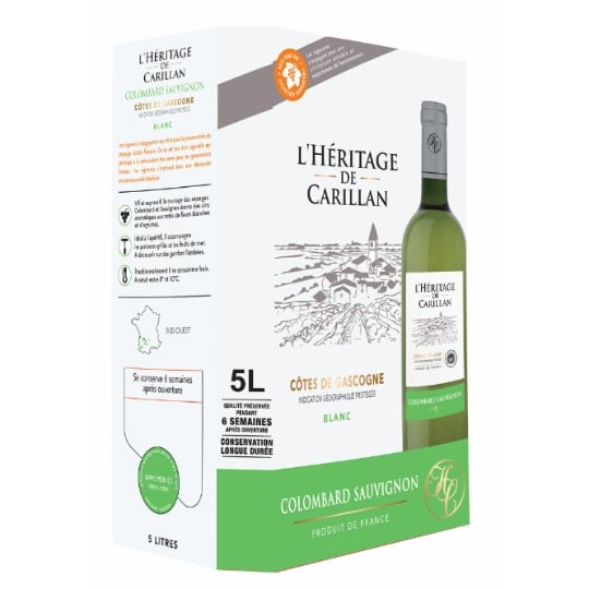 Vin Blanc A.O.P. Côtes de Gascogne Colombard Sauvignon L'HERITAGE DE CARILLAN