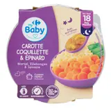 Plat bébé dès 18 Mois Carottes Coquilette et Epinard Avec Morceaux CARREFOUR BABY