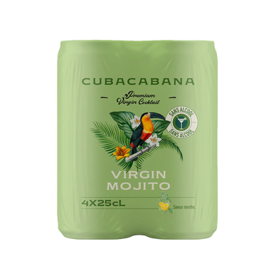 Mocktail CUBACABANA virgin mojito sans alcool, cannette de 4x25cl, boisson gazéifiée sans alcool, au jus de citron à base de concentré, aromatisée à la menthe et au citron