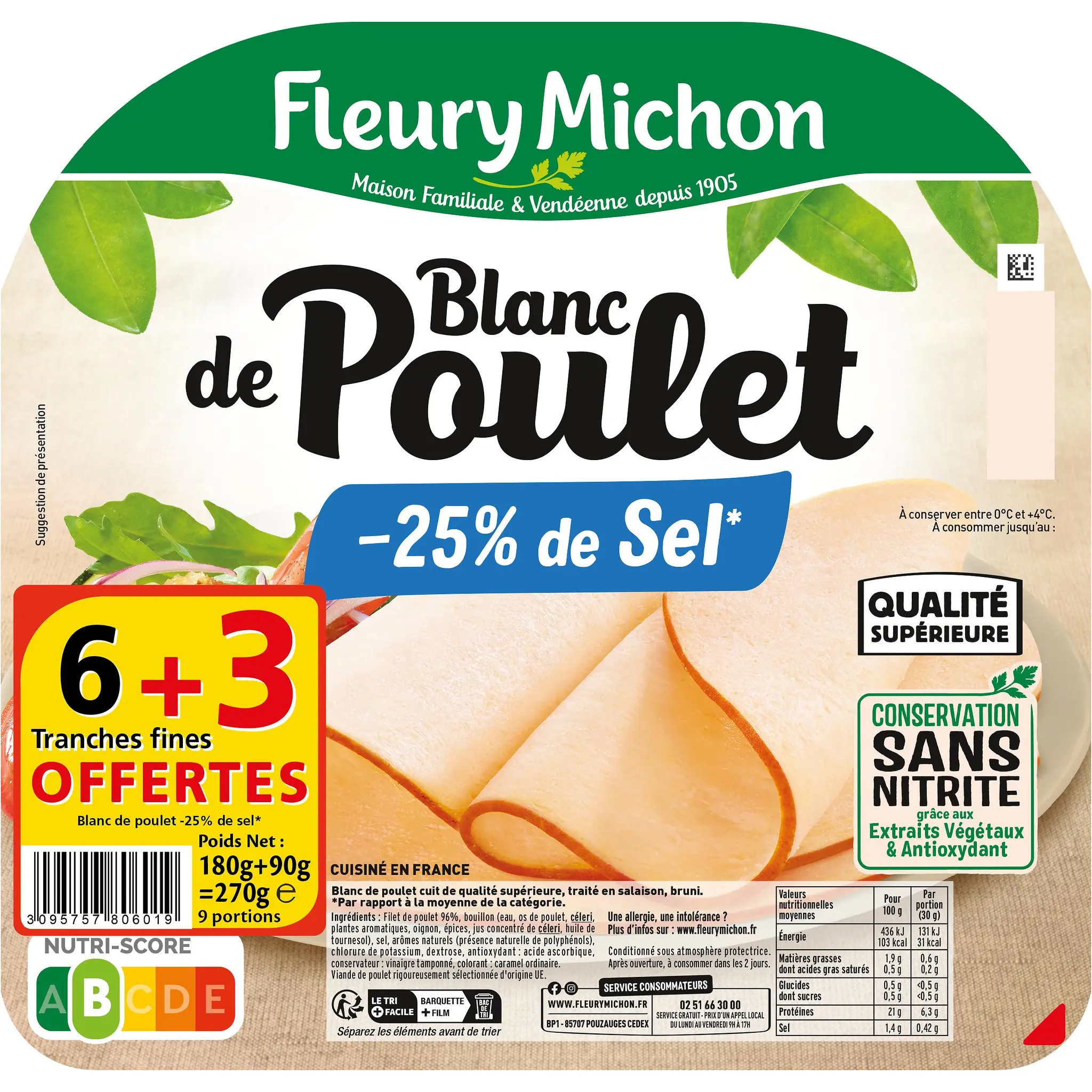 FLEURY MICHON Blanc de poulet 100% filet en tranches réduit en sel