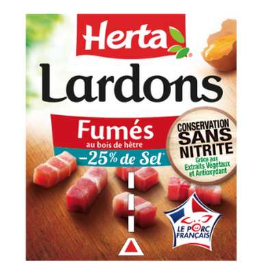 Lardons fumés au bois de hêtre sans nitrites - 25 % de sel, Herta (2 x 75 g)