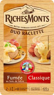 Raclette au lait pasteurisé duo classique-goût fumé, RichesMonts (16 tranches, 420 g)
