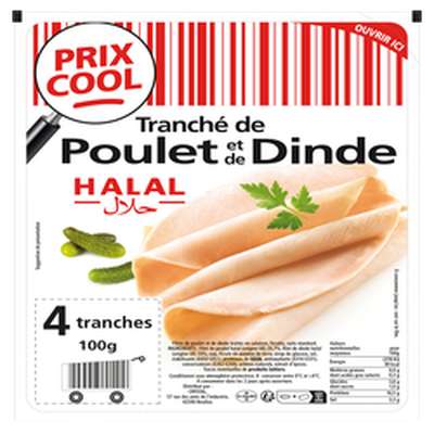 Tranché de poulet et dinde halal, Isla Délice  (4 tranches, 100 g)