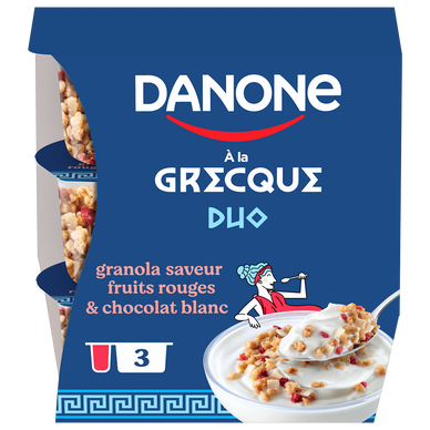 Yaourt Grecque DUO granola fruits rouges chocolat blanc DANONE 3x100g