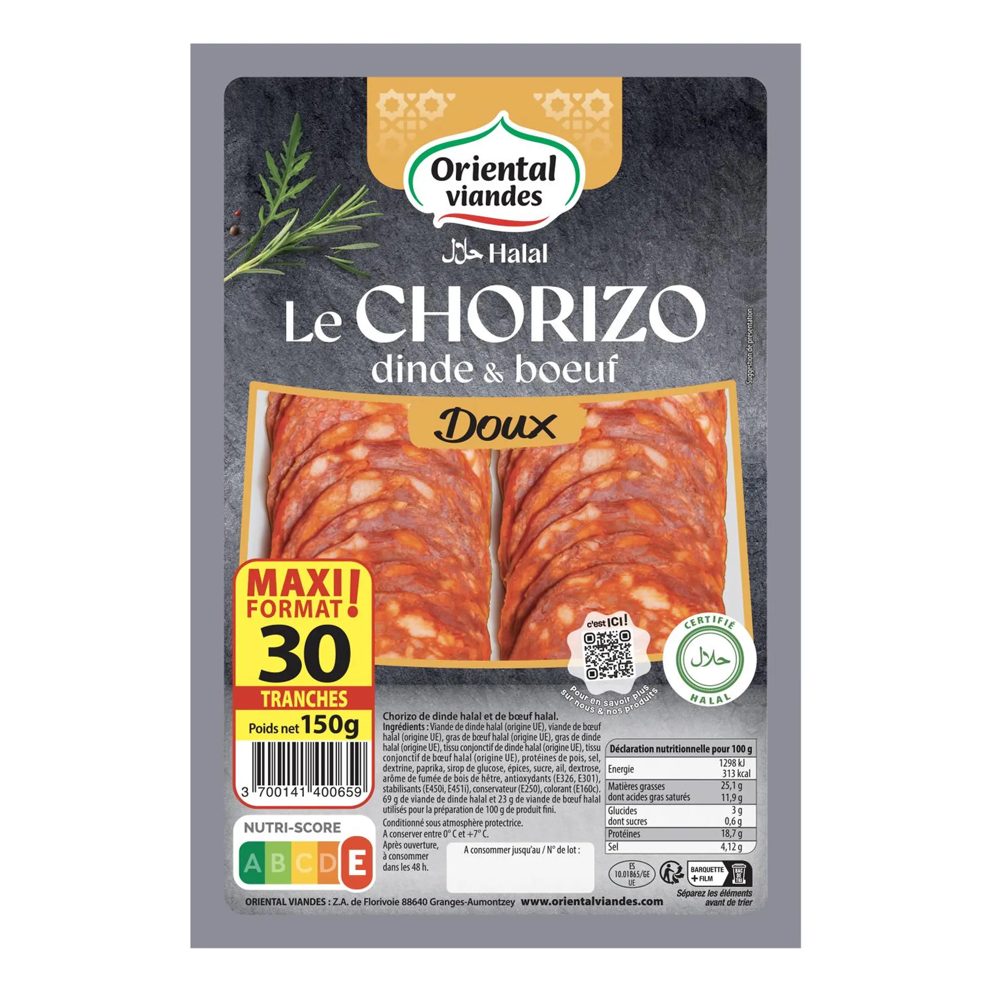 ORIENTAL VIANDES Chorizo bœuf dinde doux halal