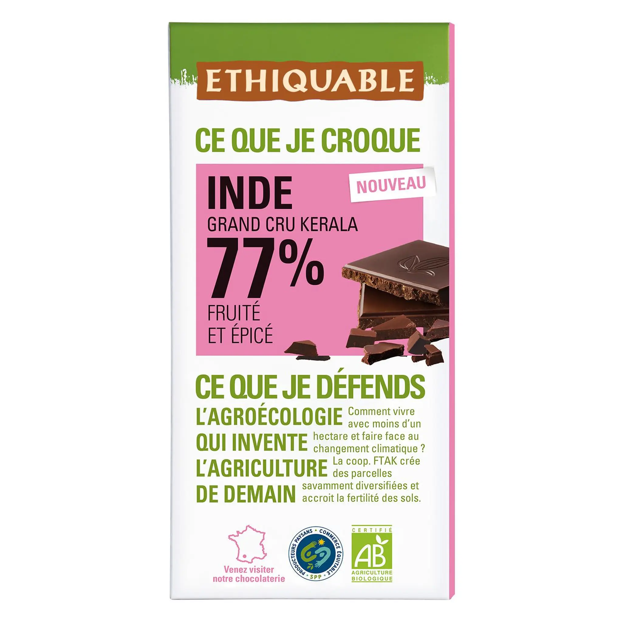 ETHIQUABLE Tablette de chocolat noir bio 77% d'Inde grand cru Kerala fruité et épicé
