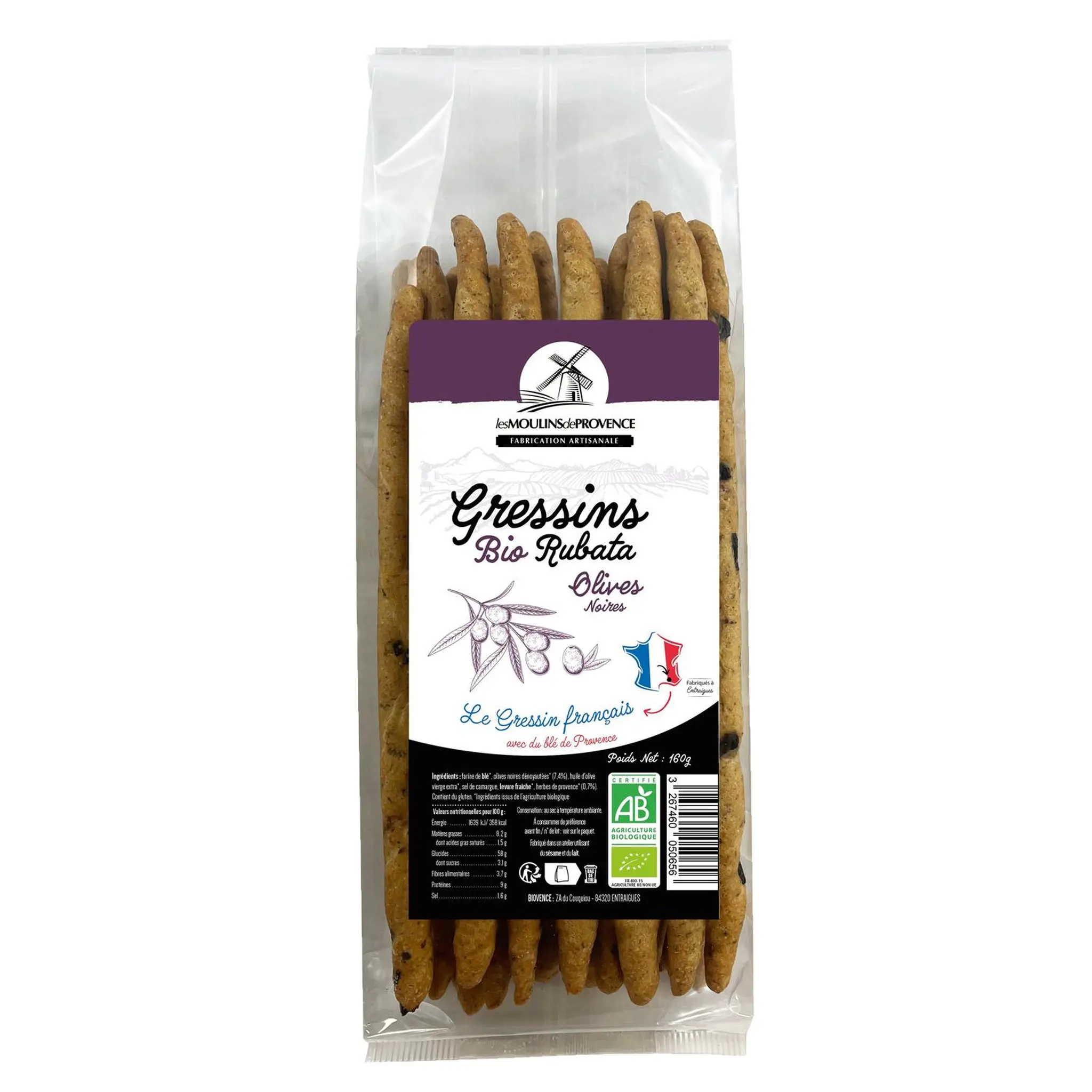 LES MOULINS DE PROVENCE Gressins rubata bio aux olives noires