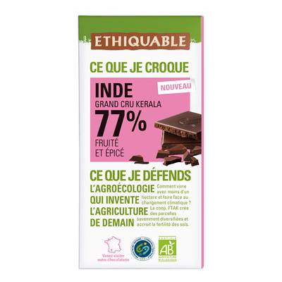 Ethiquable - Commerce Equitable Chocolat noir Cacao 77% du Kerala Bio, 100g