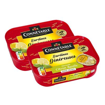Connetable Sardines Généreuses marinade citron basilic sans Huile en conserve, Lot de 2x140g