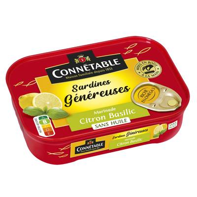 Connetable Sardines Généreuses marinade citron basilic sans Huile en conserve, 140g