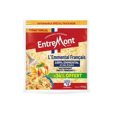 Emmental râpé extra fin Français ENTREMONT, 30%mg, 300g+34% offert