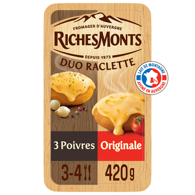 Fromage à raclette nature et 3 poivres RICHESMONTS - 16 tranches 420g