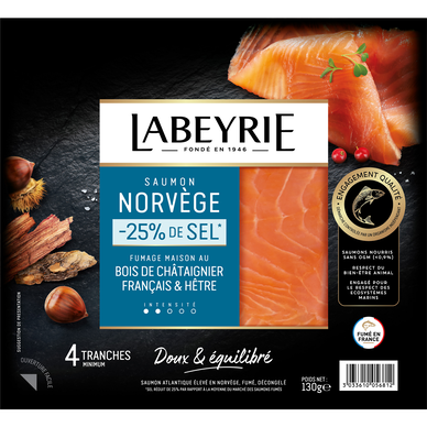 Saumon fumé Atlantique, Norvège, au bois de hêtre de Norvège -25% sel,LABEYRIE, 4 tranches soit 130g